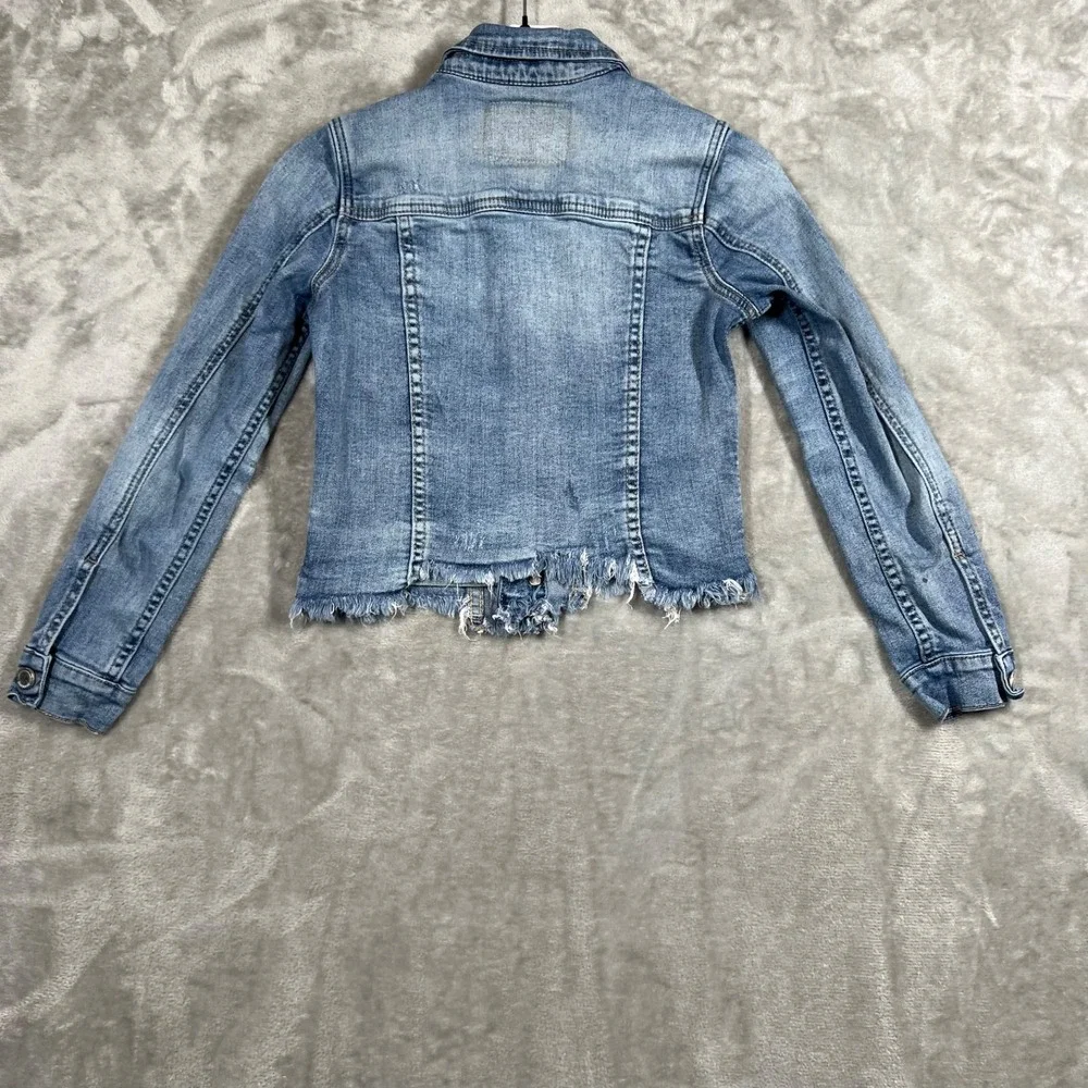 Blank NYC Cropped Blue Denim Jean Trucker Jacket Distressed Raw Hem Size S Youth
